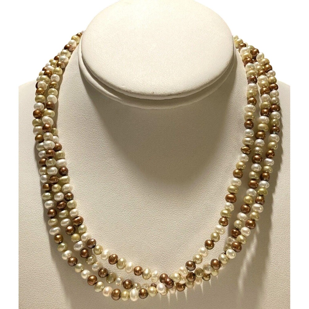 Vintage 3 Strand Multicolor 5.8mm Pearl 18'' Necklace Sterling‎ 925 Silver 52g